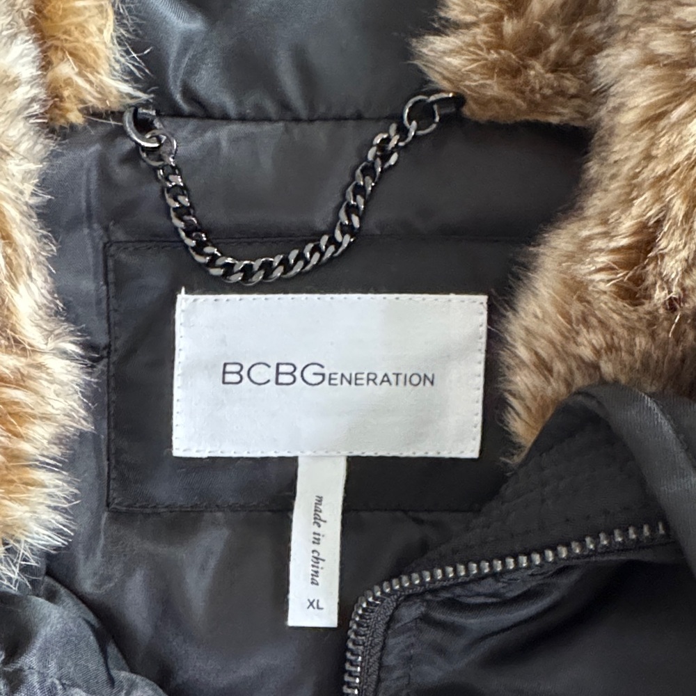 BCBGeneration Women’s Black Nylon Bomber Jacket with Faux Fur Hood - Picture 2 of 9